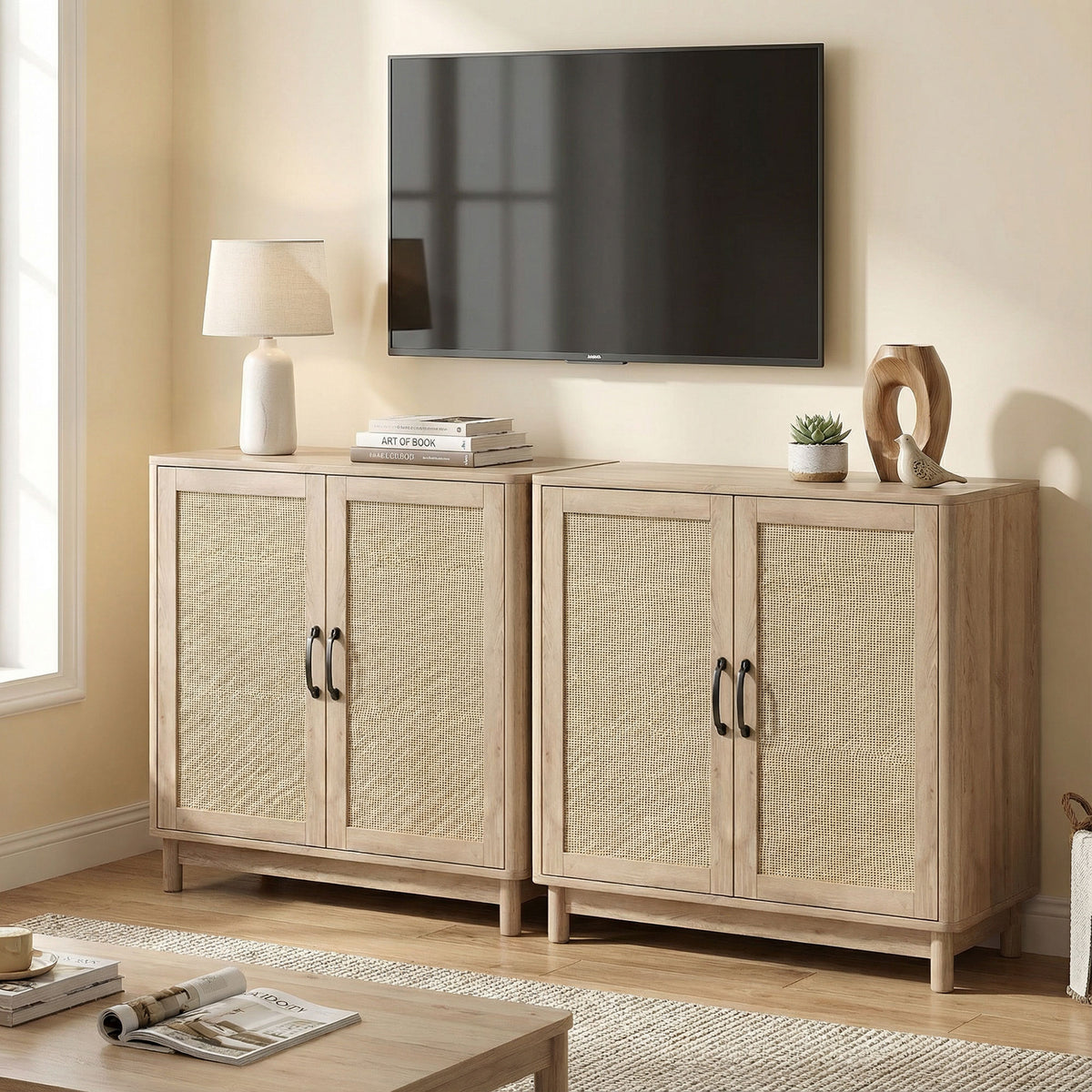 Buffet salon, meuble de rangement avec 2 portes en rotin, étagère réglable et bords arrondis, 76 x 35 x 75,5 cm, chêne