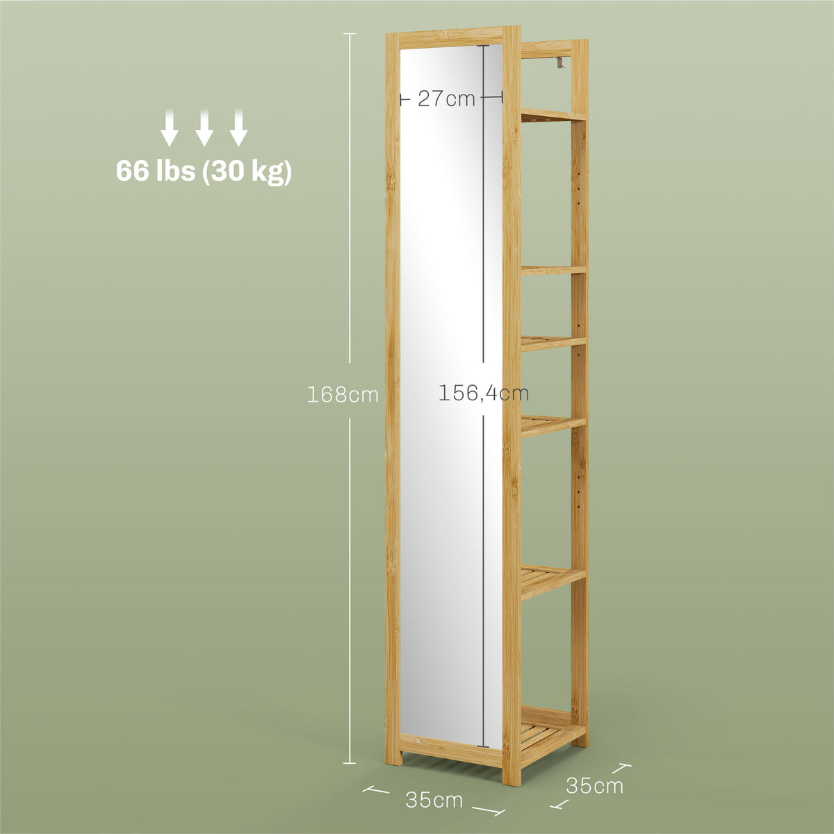 Meuble colonne de salle de bain à 6 niveaux en bambou avec miroir, 6 étagères, naturel, 35L x 35l x 168H cm