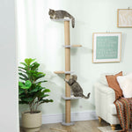 Étagères Murales pour Chat 180 cm, 4 Plateformes d'Escalade, Poteau à Griffer en Jute et Jouet Suspendu, Gris Clair