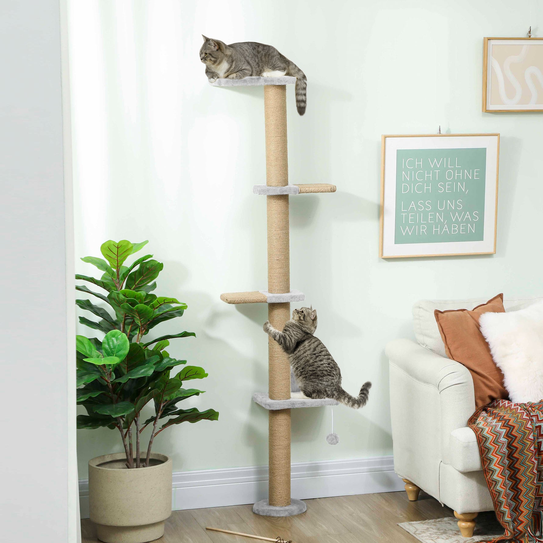 Étagères Murales pour Chat 180 cm, 4 Plateformes d'Escalade, Poteau à Griffer en Jute et Jouet Suspendu, Gris Clair