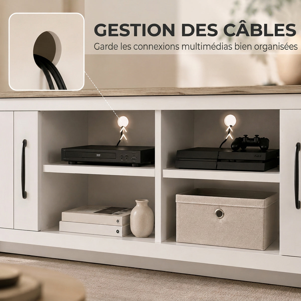Meuble TV 175 cm, Meuble Télé pour Téléviseur jusqu'à 55 Pouces avec 2 Portes et 4 Compartiments Ouverts, Chêne et Blanc