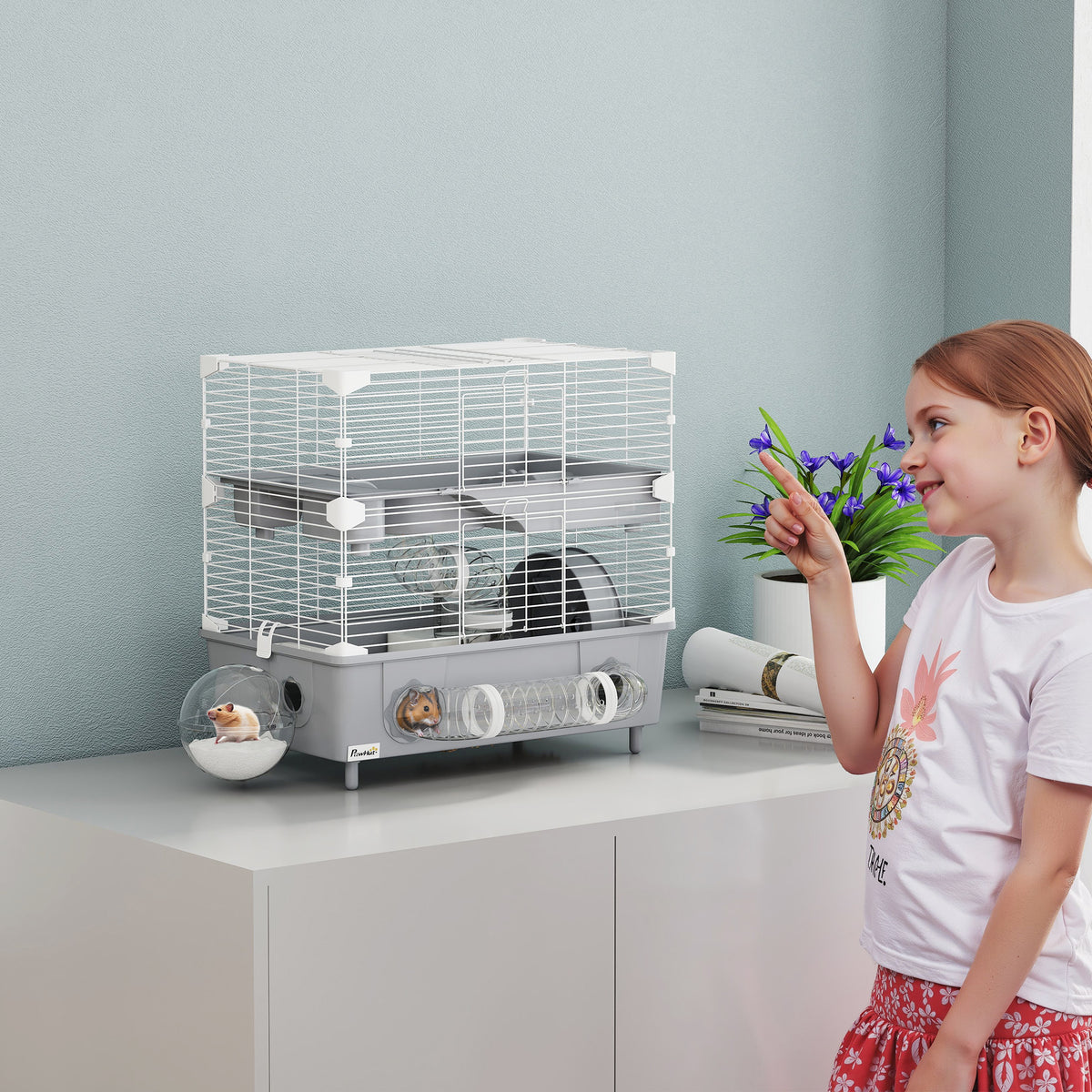 Gabbia per criceti a 2 livelli con ruota, bagno di sabbia per criceti nani 44,5 x 28 x 44 cm grigia