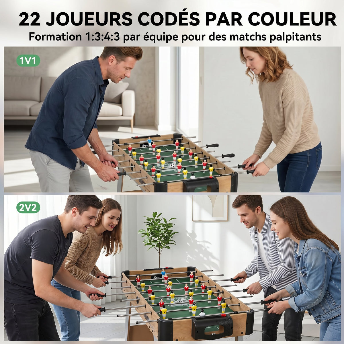 Baby-foot pour Enfants et Adultes, 22 Joueurs, 2 Ballons, 2 Compteurs de Points Manuels, 109 x 77 x 72 cm, Chêne Jaune