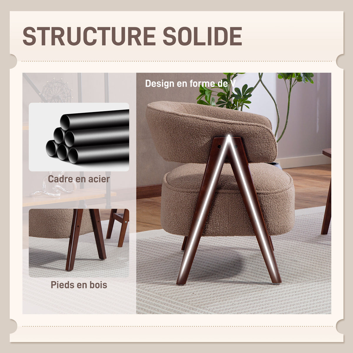 Sillón de salón de tela de borreguito, silla acolchada, asiento ancho, respaldo ergonómico, 70 x 64 x 71 cm, marrón