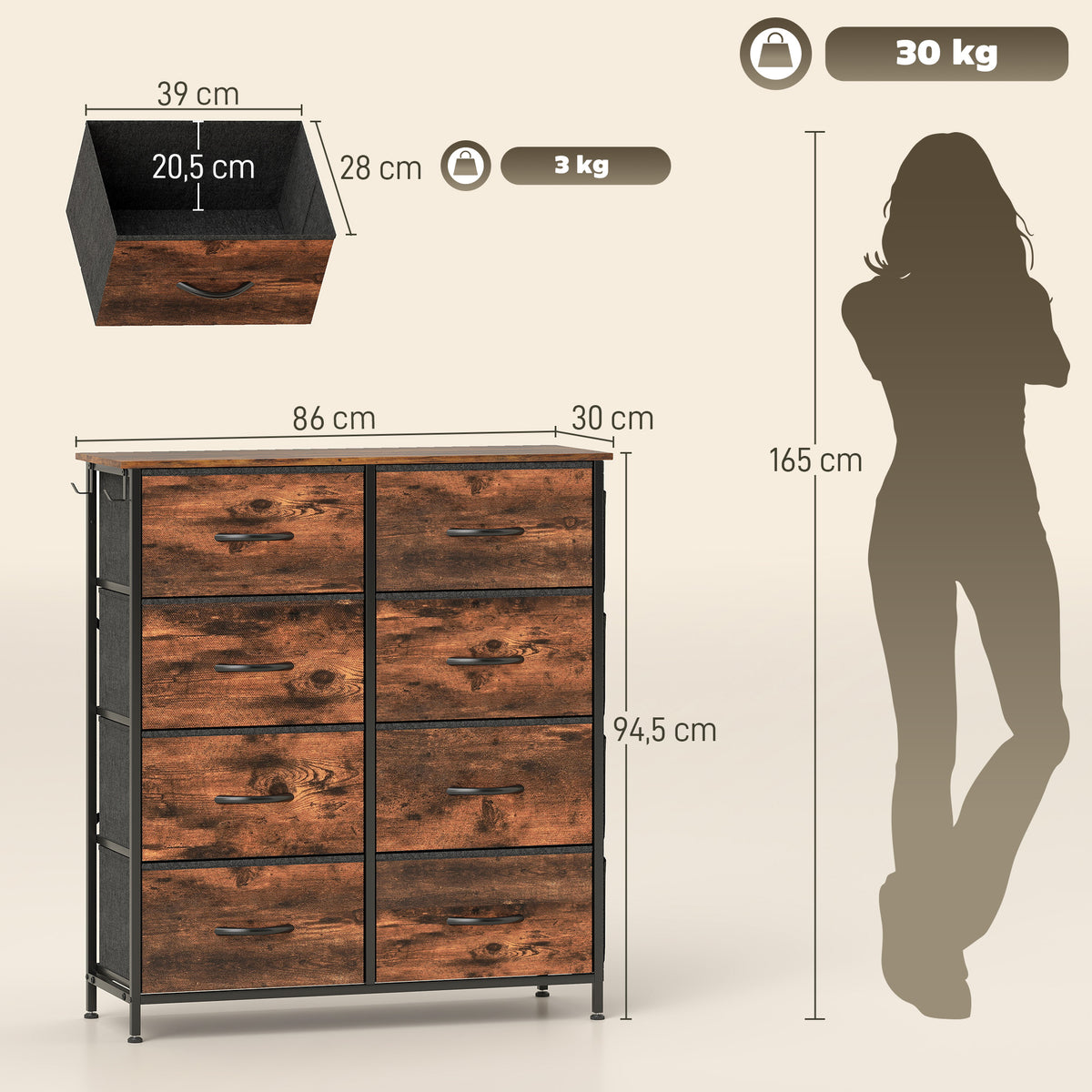 Commode 8 tiroirs en tissu, meuble de rangement, 4 poches, 2 crochets, structure en acier, 86x30x94,5cm, brun rustique
