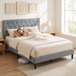 Estructura de cama de 140 x 190 cm con somier, cama doble tapizada en lino, cabecero capitoné, soporte de 10 listones, gris