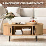 Table basse ovale en bois, table de salon moderne avec portes coulissantes et rangement caché, 100x55x40cm, bois naturel