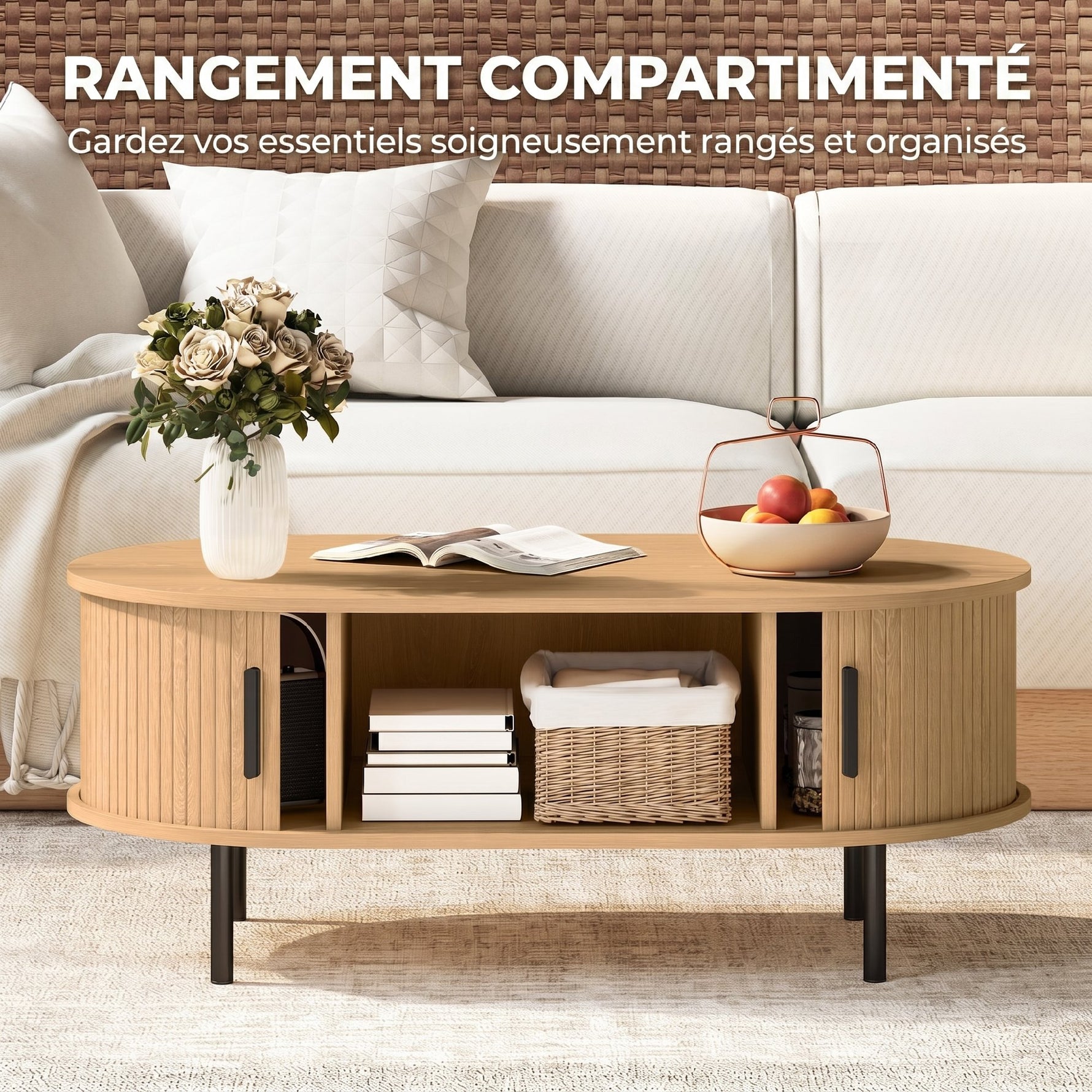 Table basse ovale en bois, table de salon moderne avec portes coulissantes et rangement caché, 100x55x40cm, bois naturel