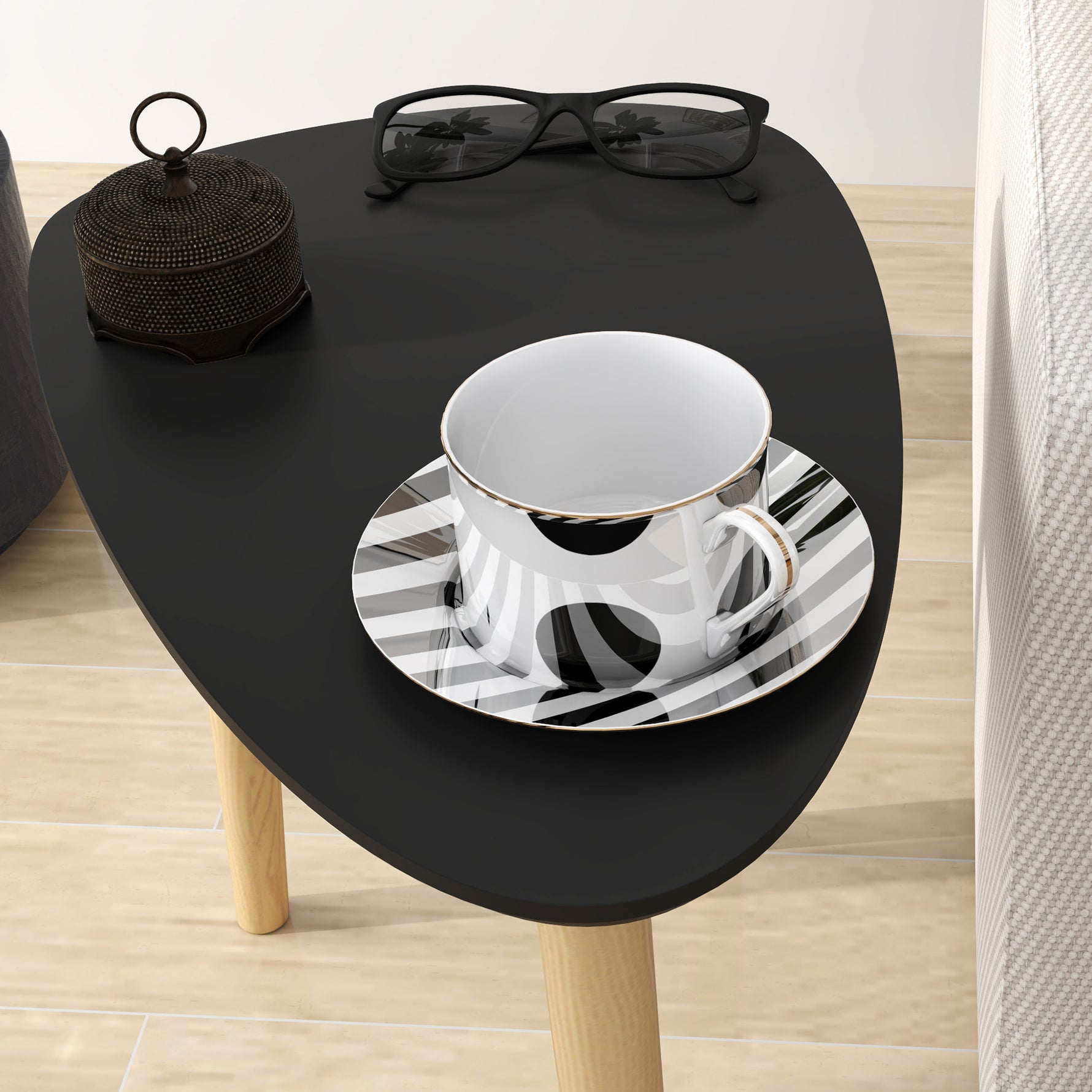Lot de 2 tables basses gigognes design scandinave pieds en bois et plateau en bois, noir