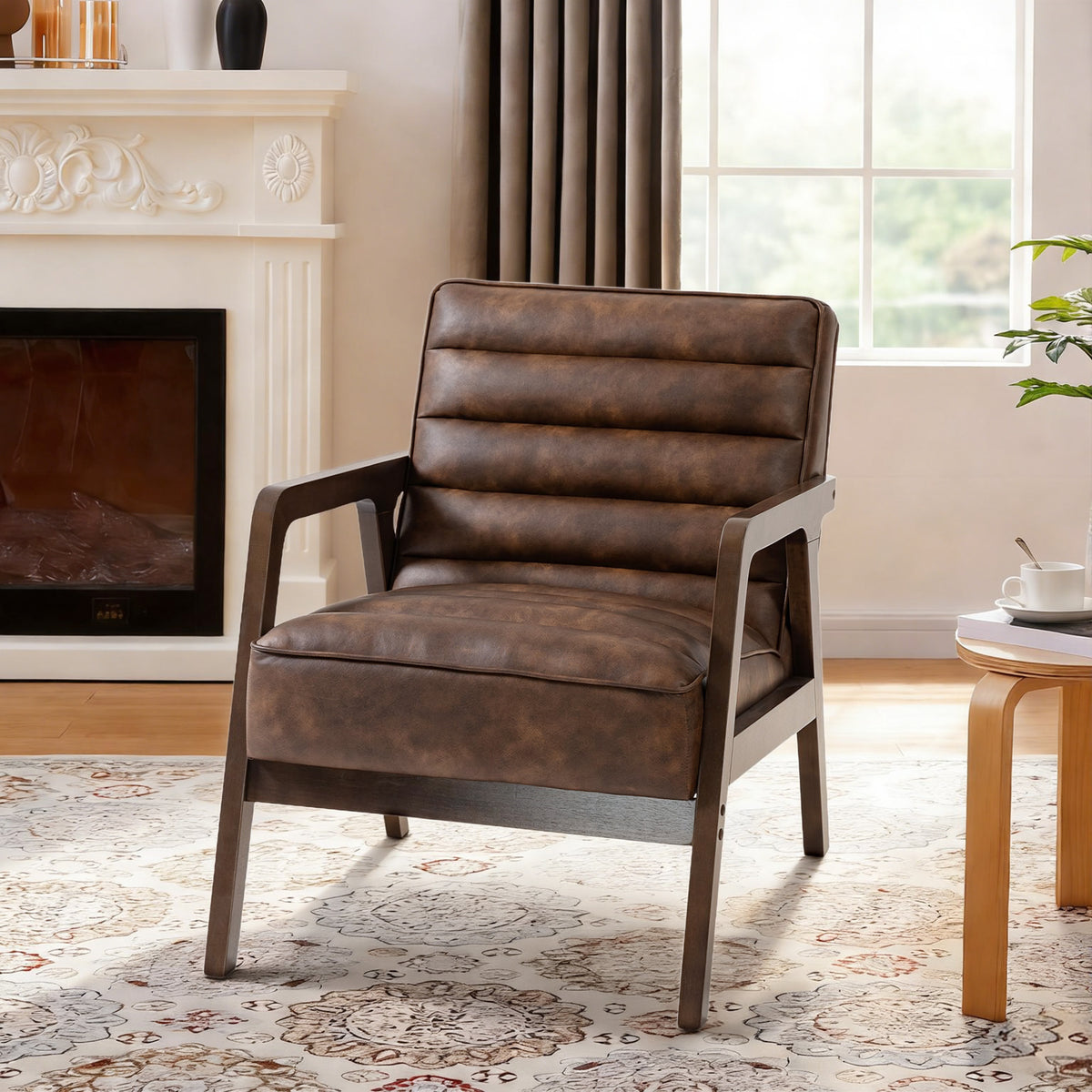 Fauteuil salon, fauteuil d'appoint rembourré en PU avec large assise, coussin épais et structure en bois massif, marron