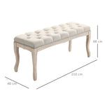 Banc Banquette capitonnée Style Classique 110 cm Bout de lit Rembourrée en lin piètement Bois hévéa sculpté Beige
