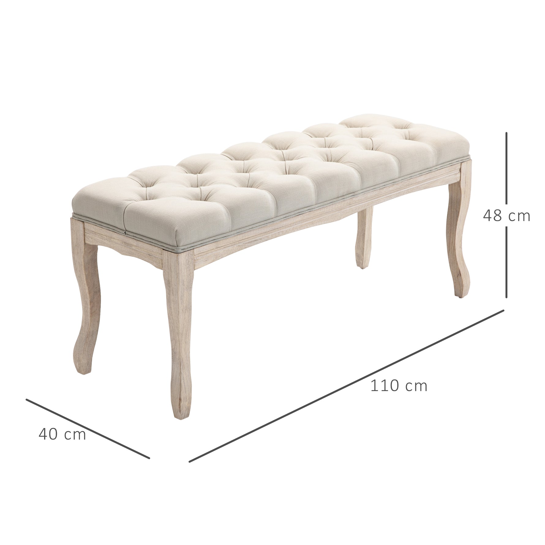 Banc Banquette capitonnée Style Classique 110 cm Bout de lit Rembourrée en lin piètement Bois hévéa sculpté Beige