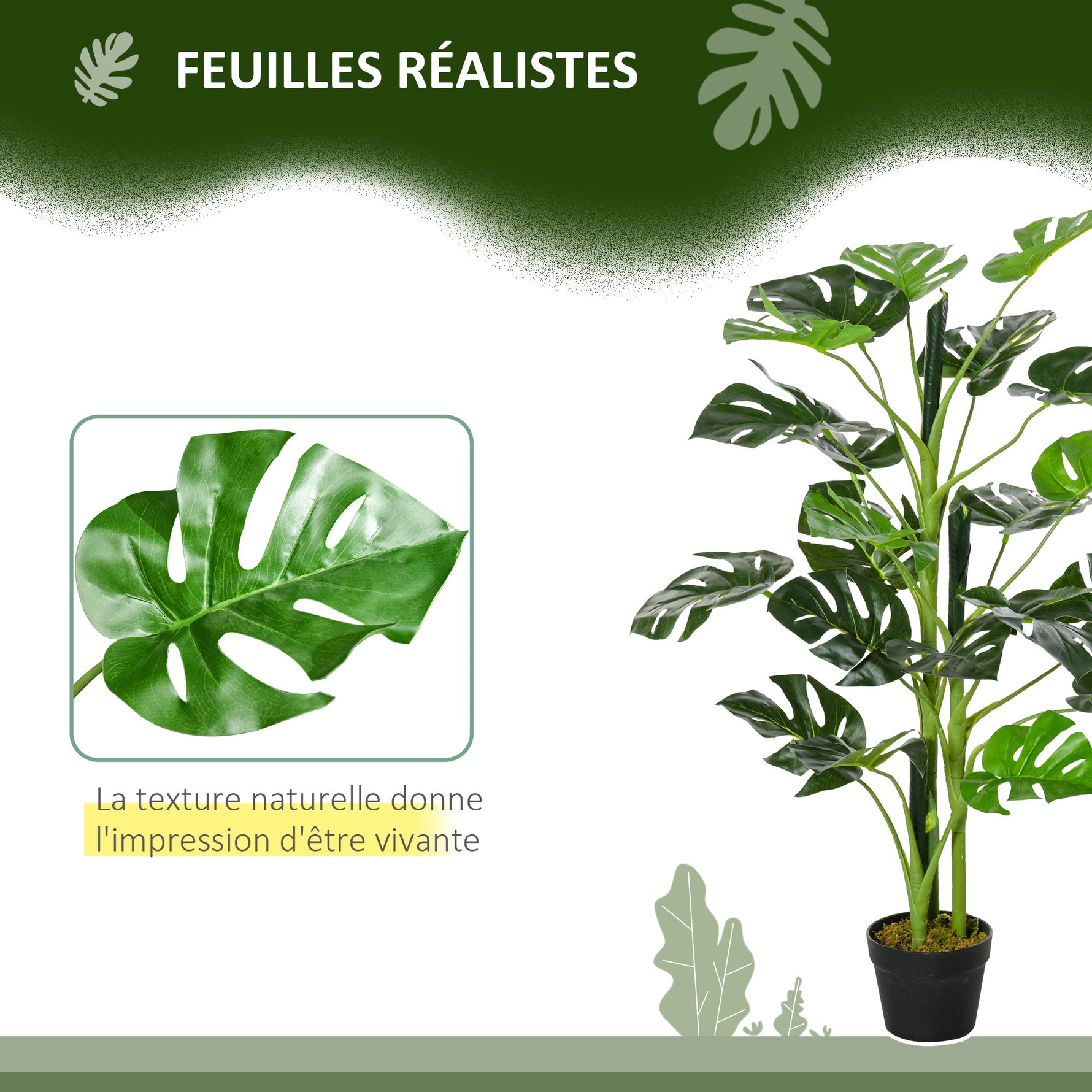 Plante artificielle modèle Monstera avec 21 feuilles en pot ciment, intérieur ou extérieur, dim. Ø16 x 100H cm
