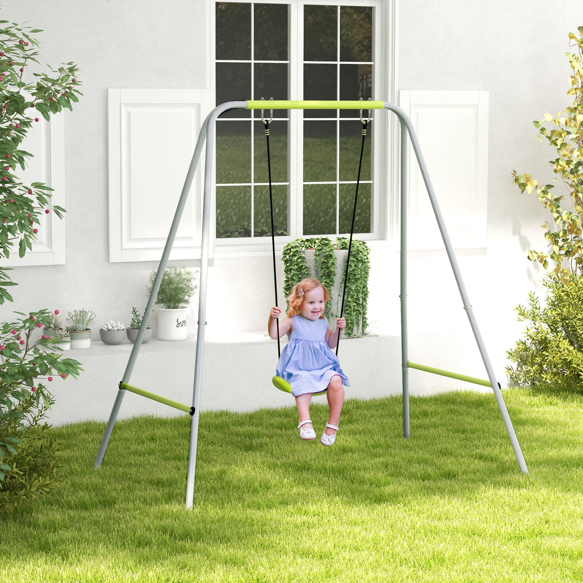 2-in-1 baby swing set with 5-point safety harness for indoor and outdoor use, green