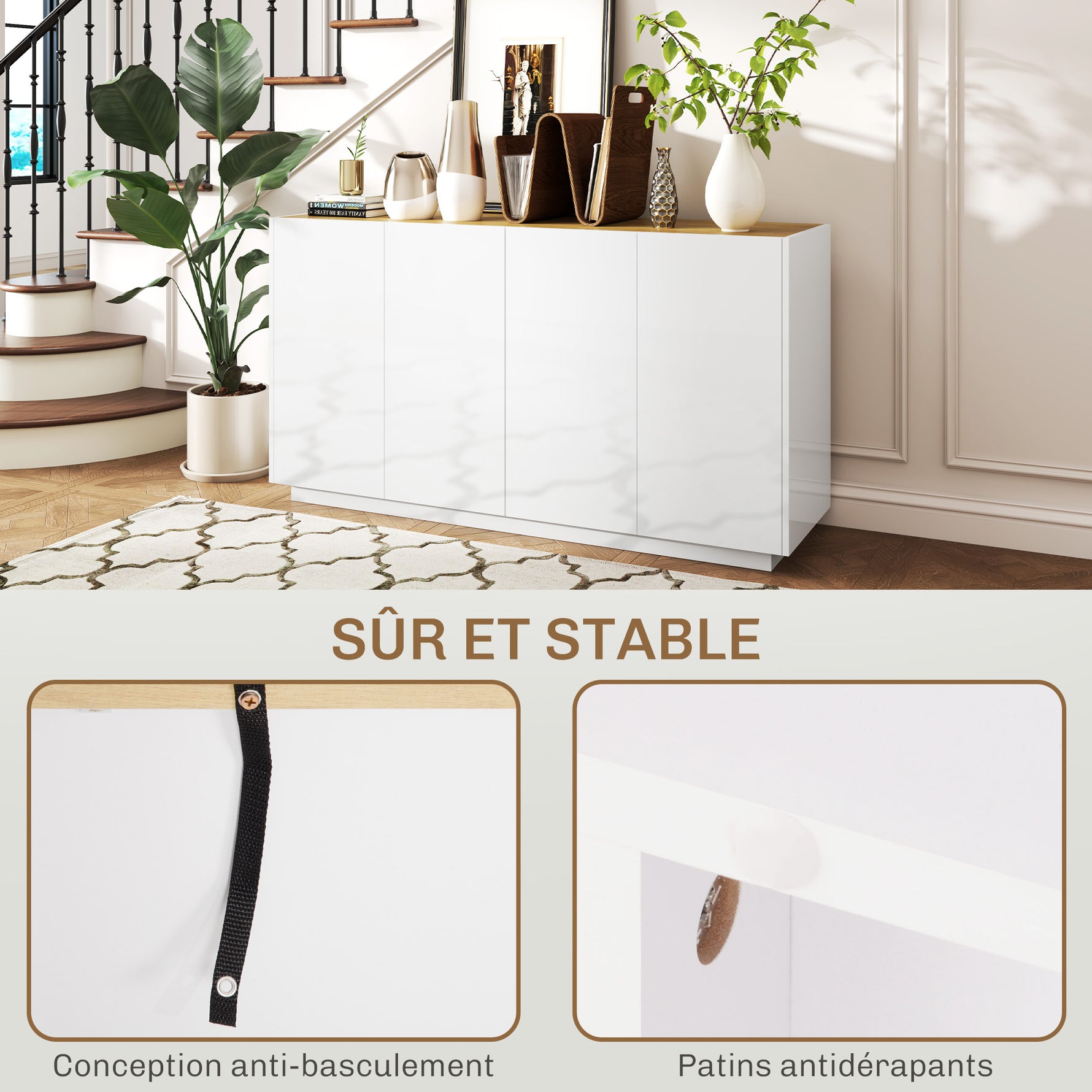 Buffet salle à manger buffet cuisine 4 portes à fermeture douce et étagères réglables 140l x 40P x 75H cm blanc laqué