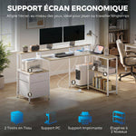 Bureau d'angle avec prises et lumières LED RGB, bureau d'ordinateur, 172 x 100 cm, support d'écran, 2 tiroirs, blanc