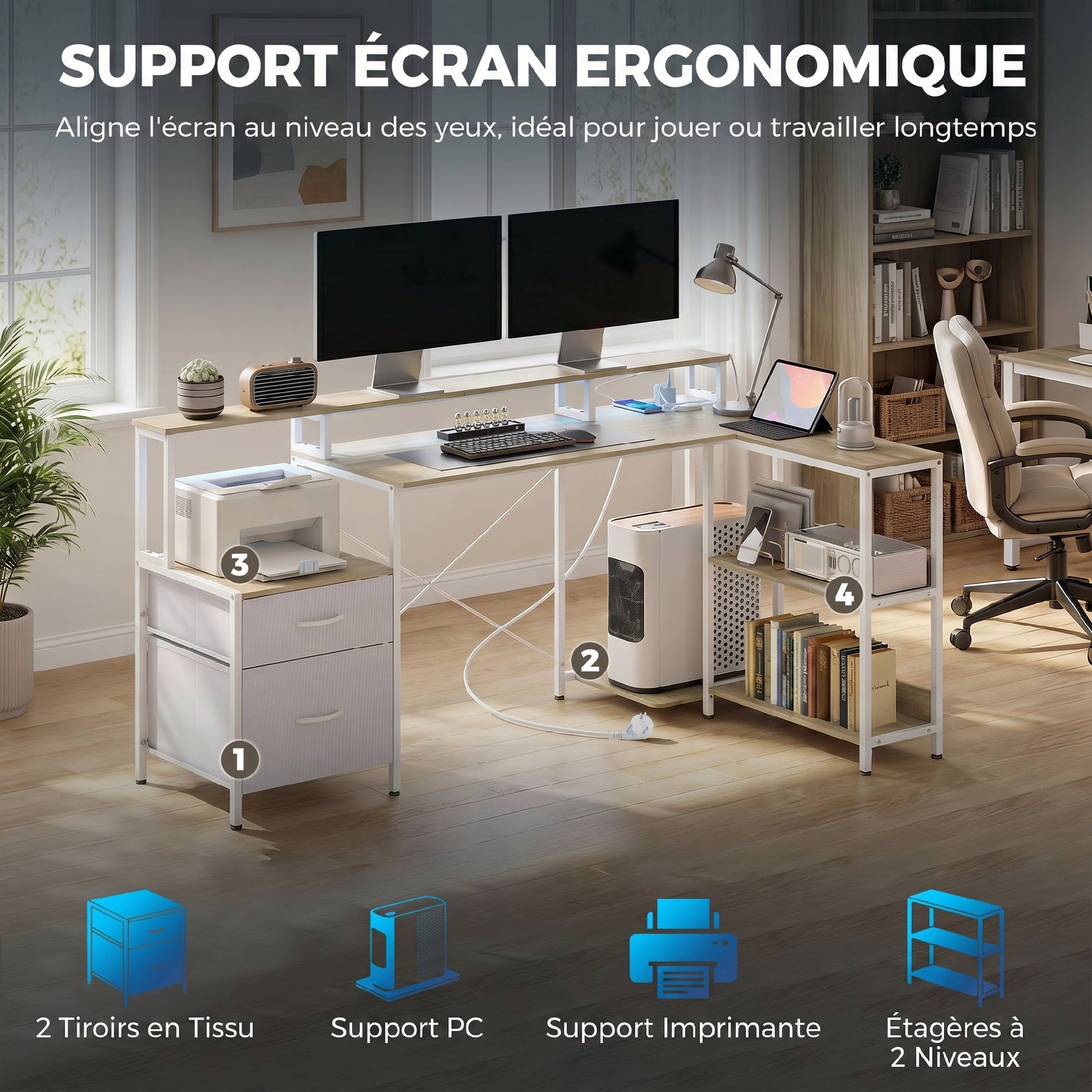 Bureau d'angle avec prises et lumières LED RGB, bureau d'ordinateur, 172 x 100 cm, support d'écran, 2 tiroirs, blanc