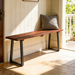 Banc de Jardin en Bois Sans Dossier en Bois, Pieds trapézoïdaux en acier, 2 Places à Effet Bois, 150x28x48cm, Carbonisé