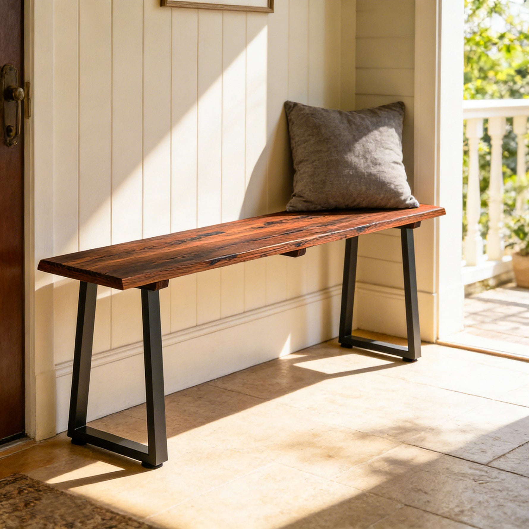 Banc de Jardin en Bois Sans Dossier en Bois, Pieds trapézoïdaux en acier, 2 Places à Effet Bois, 150x28x48cm, Carbonisé