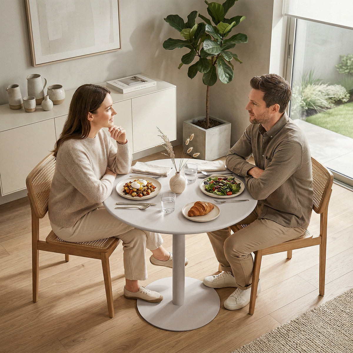 Tavolo da Pranzo Rotondo per 2 Persone Ø60 cm, Moderno con Base Rotonda, Struttura in Acciaio, per Interni ed Esterni, Beige