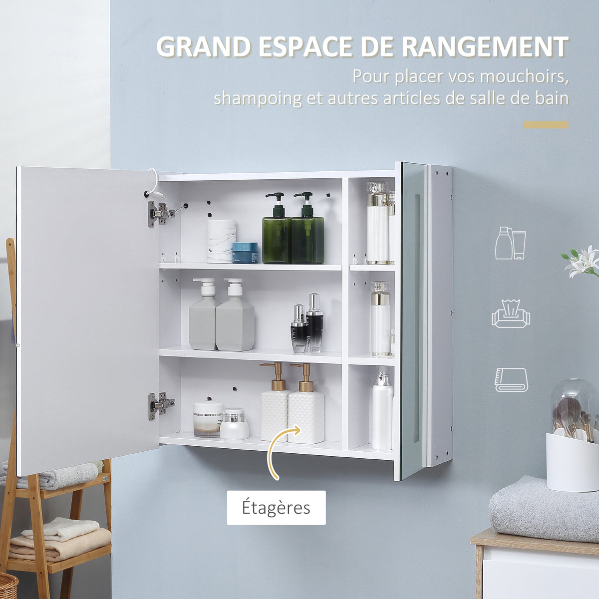 Armoire murale miroir lumineux LED salle de bain 2 portes avec 3 niveaux 70 x 15 x 65 cm blanc