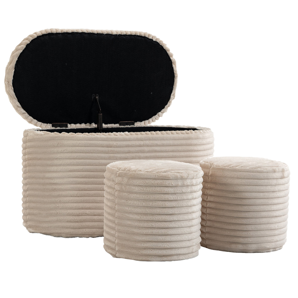 Fluwelen opbergbank, 3-in-1 poef met opbergruimte en 2 geïntegreerde krukjes, 82x43x44cm, beige