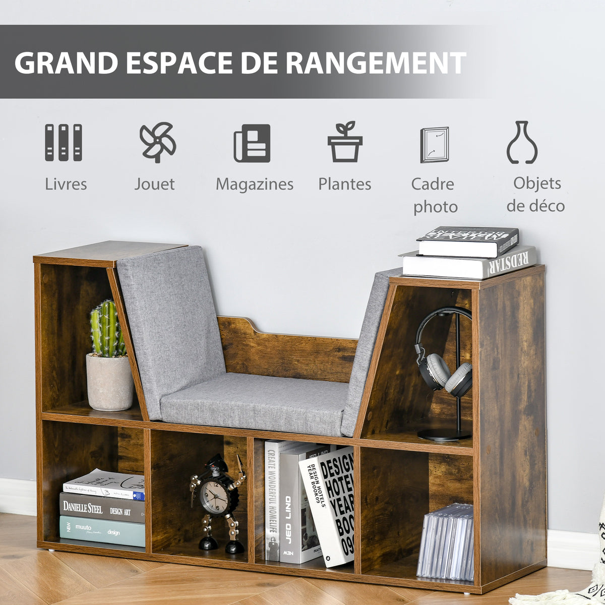 Bibliothèque banc 2 en 1 avec coussins de siège, étagère cube 6 compartiments ouverts, 102 x 30 x 61 cm, brun rustique