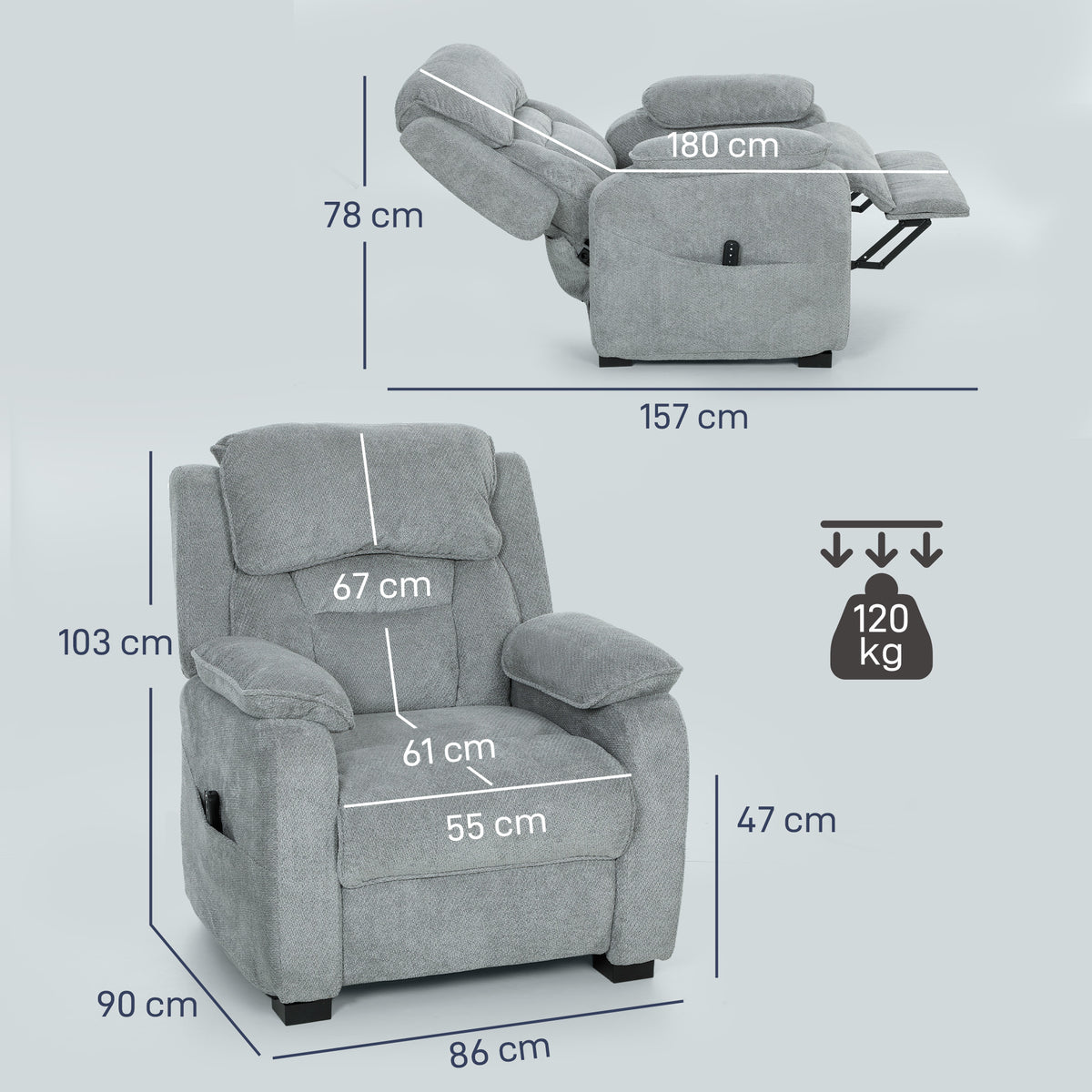 Sillón relax eléctrico, sillón reclinable, puerto USB, reposapiés, bolsillos laterales, mando a distancia, 86x90x103cm, gris claro