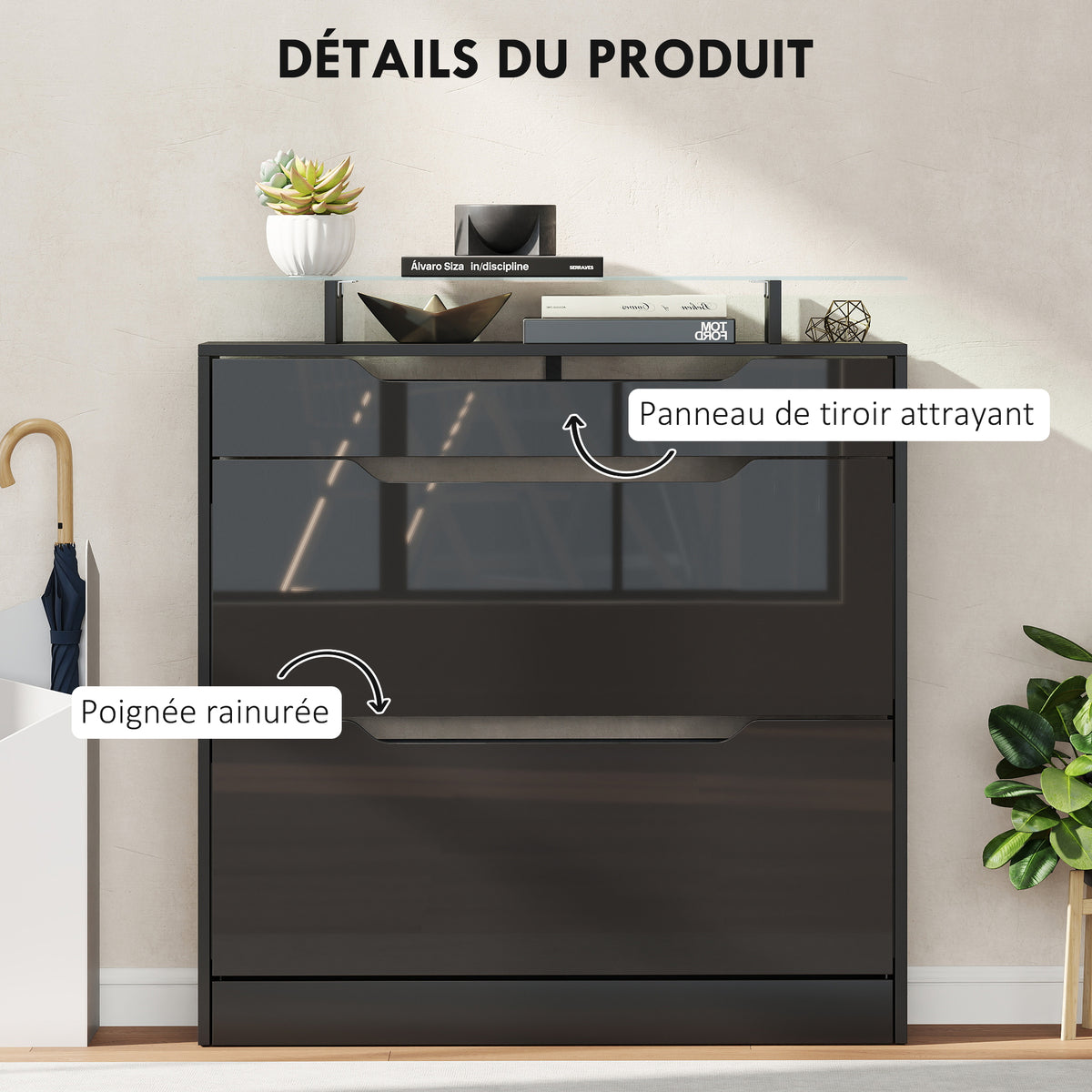 Schoenenkast, 2 kantelbare lades, 1 schuiflade, 1 werkblad, 89x23x96cm, Zwart