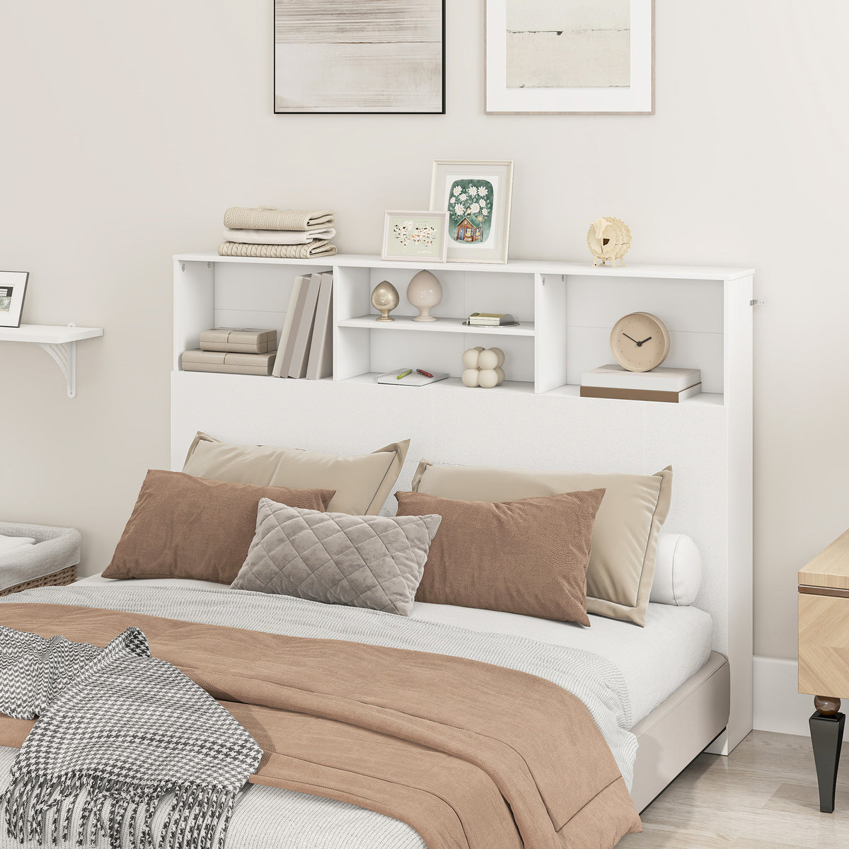 Tête de lit sur pied avec rangements, accessoire de lit 4 compartiments ouverts, 140 x 19 x 103,5 cm, blanc