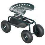 Asiento de jardín con ruedas giratorio 360° y regulable en altura con bandeja para herramientas, carga máx. 150 kg, verde