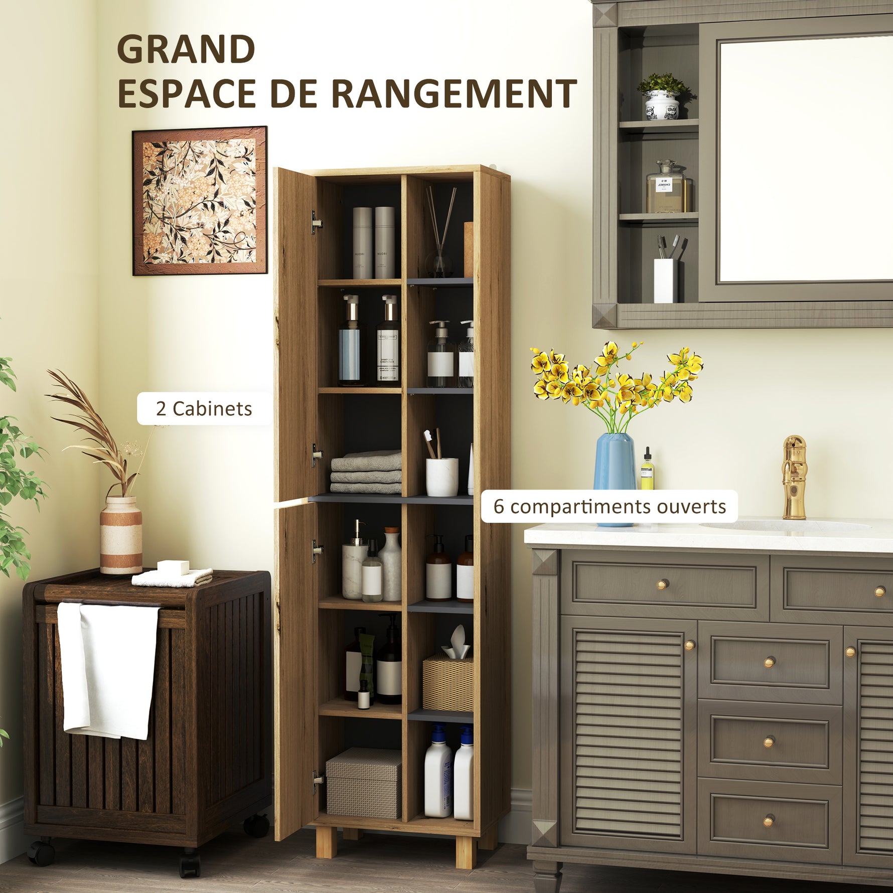 Meuble colonne salle de bain, armoire de salle de bain avec 6 compartiments ouverts et 2 placards, bois naturel