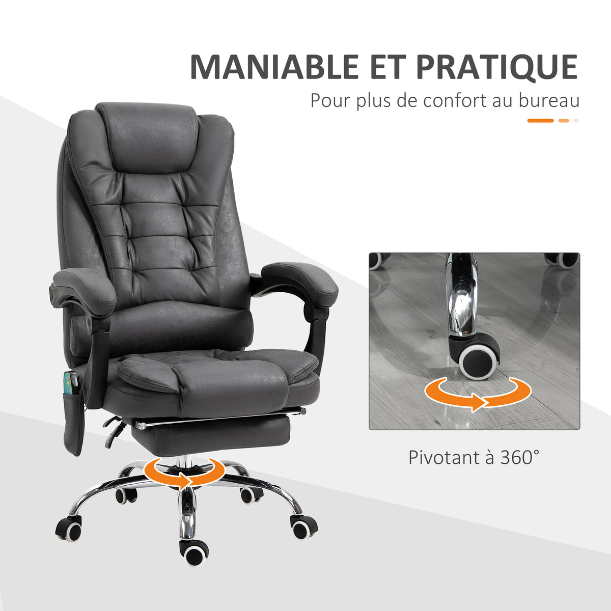 Fauteuil de bureau massant chauffant hauteur réglable dossier inclinable repose-pied + coussin lombaires intégrés