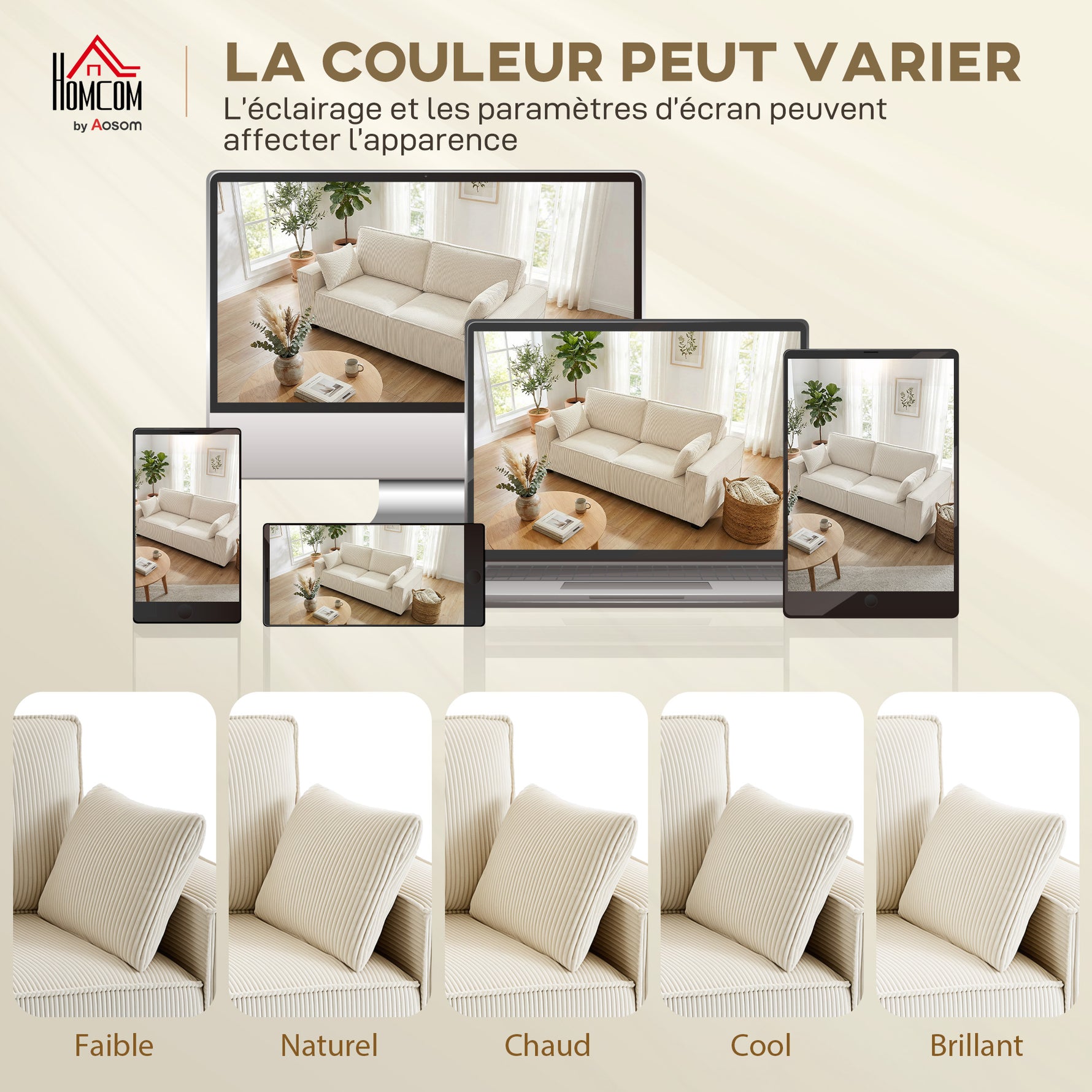 Canapé 3 places en velours côtelé 218 cm, canapé salon,  coussins à ressorts, larges accoudoirs, 2 coussins, beige