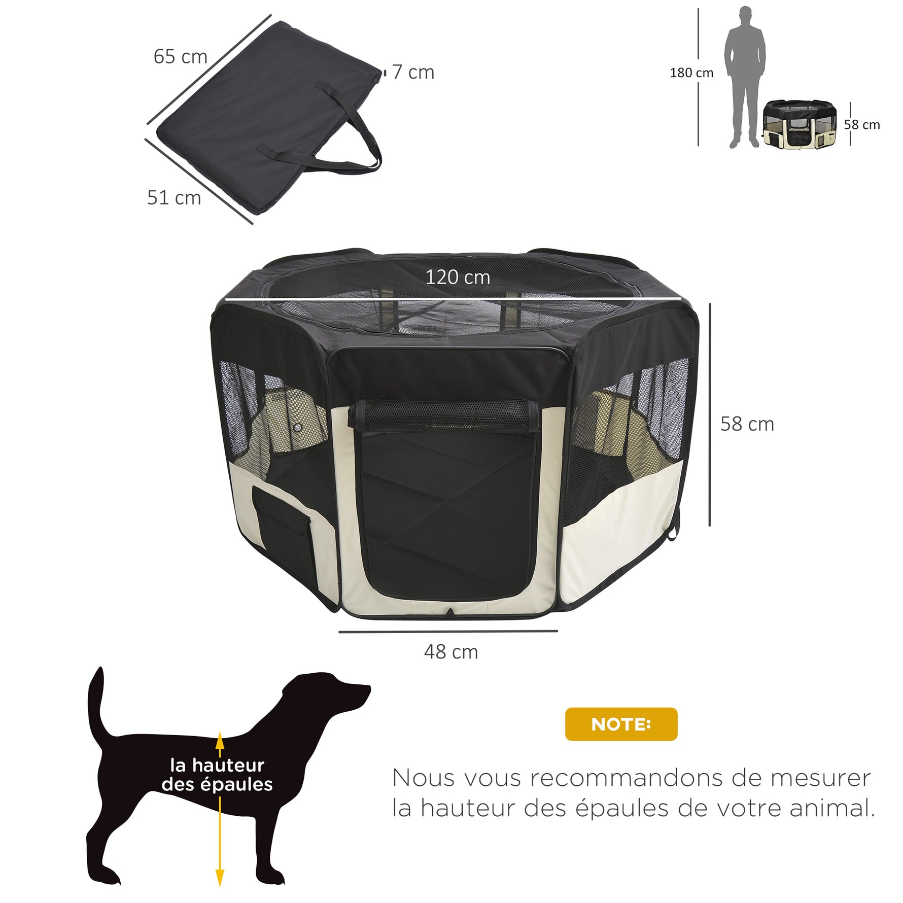 Parc enclos pliable pour chien chat petits animaux octogonal en tissu Oxford et acier - Ø 120 x 58H cm - noir et crème