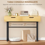 Console meuble 110 cm, table console étroite avec 2 tiroirs, cadre en métal et design sans poignées, bois naturel