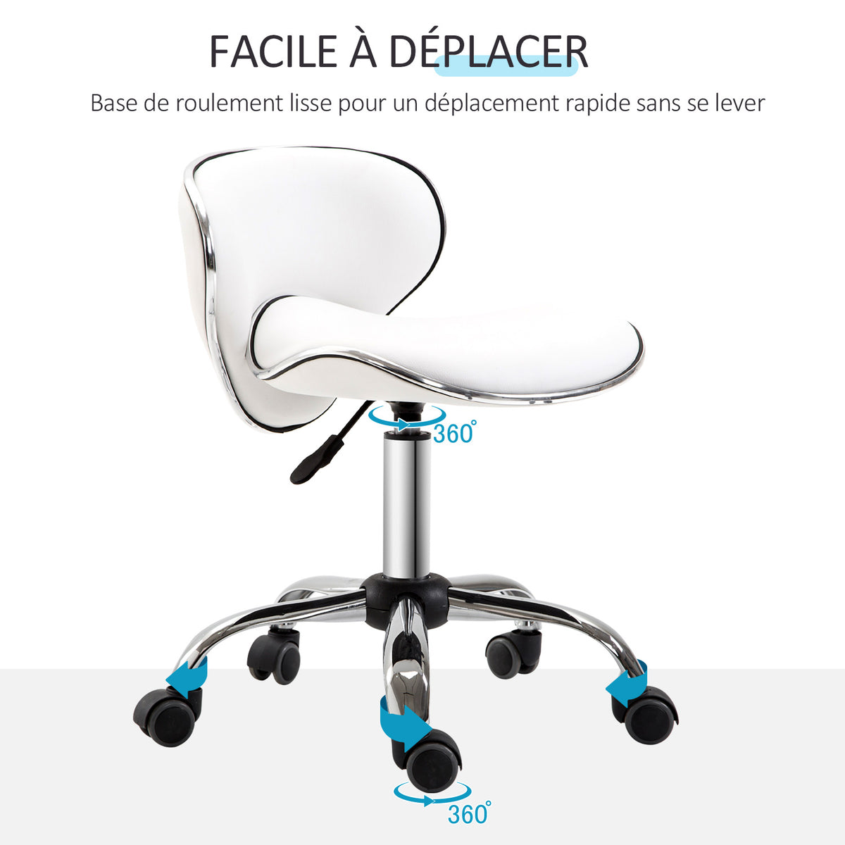 Tabouret à roulettes tabouret de travail avec hauteur réglable 44-56 cm et dossier, pivotant 360°, blanc