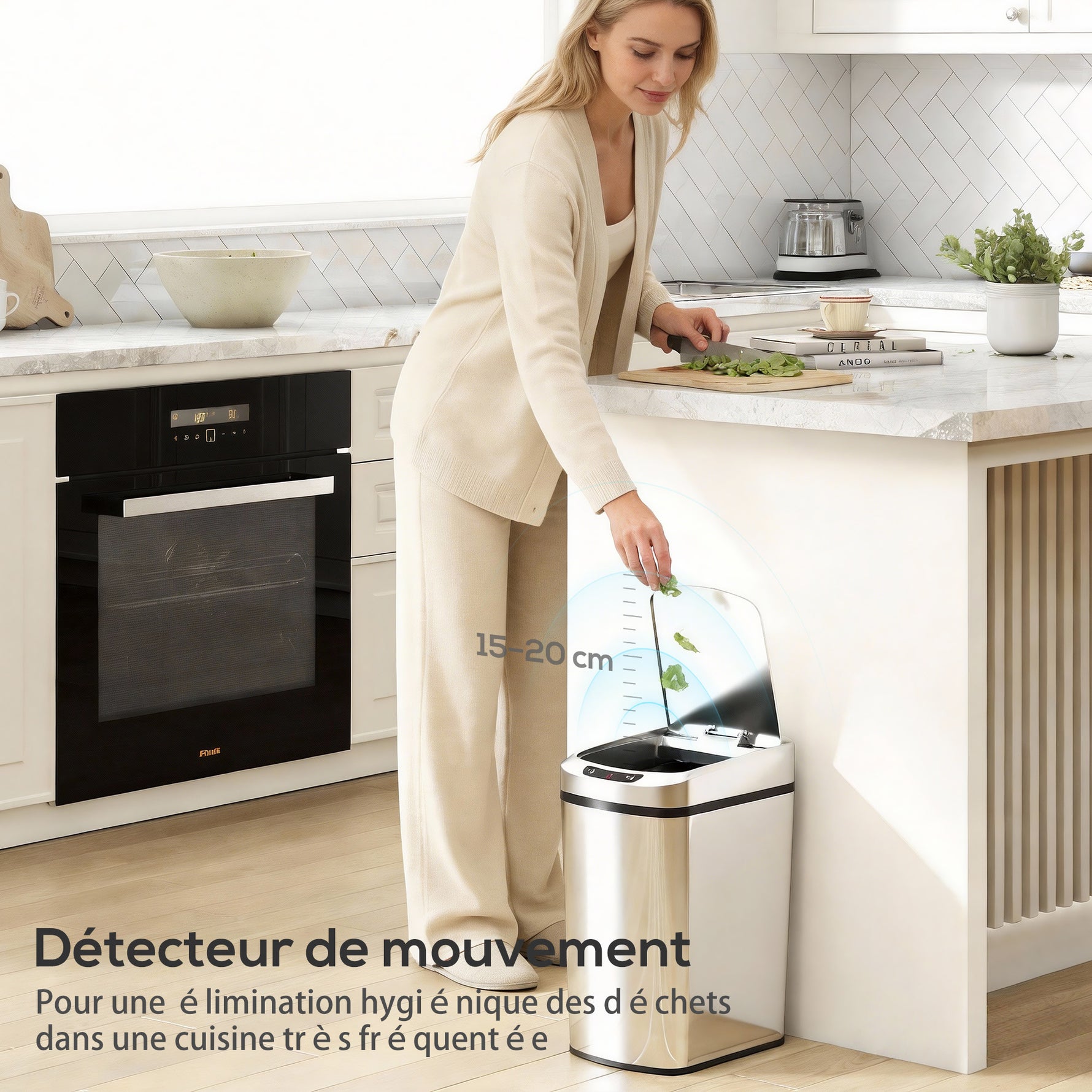 Poubelle de cuisine automatique 12 L en acier inoxydable, poubelle à capteur avec couvercle, 28 x 22 x 41 cm, argent