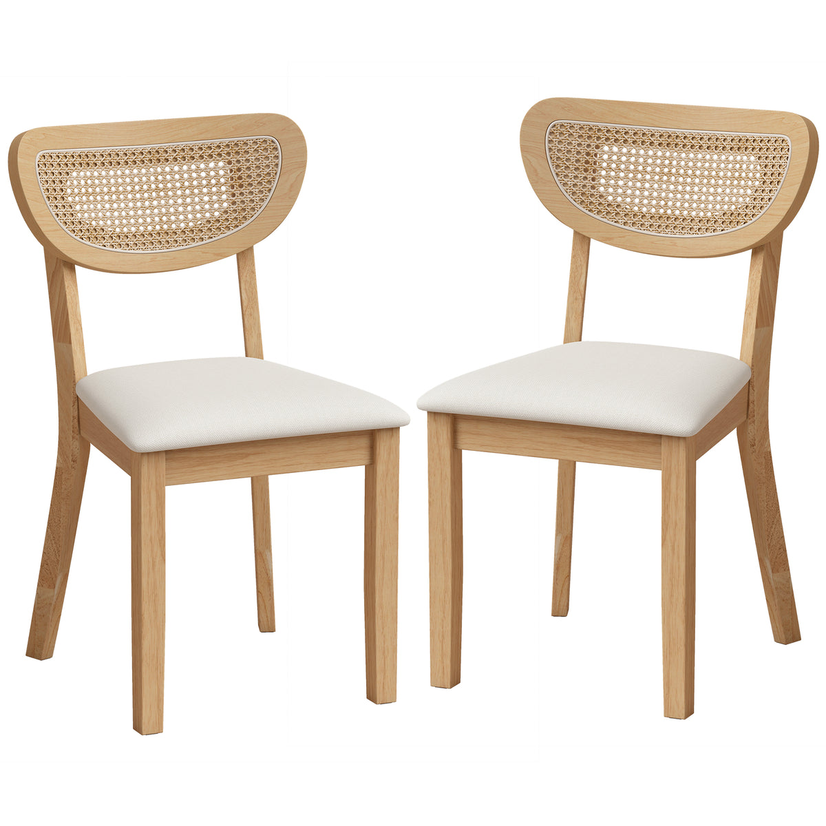 Juego de 2 sillas de comedor, sillas de cocina tapizadas en lino, respaldo con efecto ratán y patas de madera de caucho, beige
