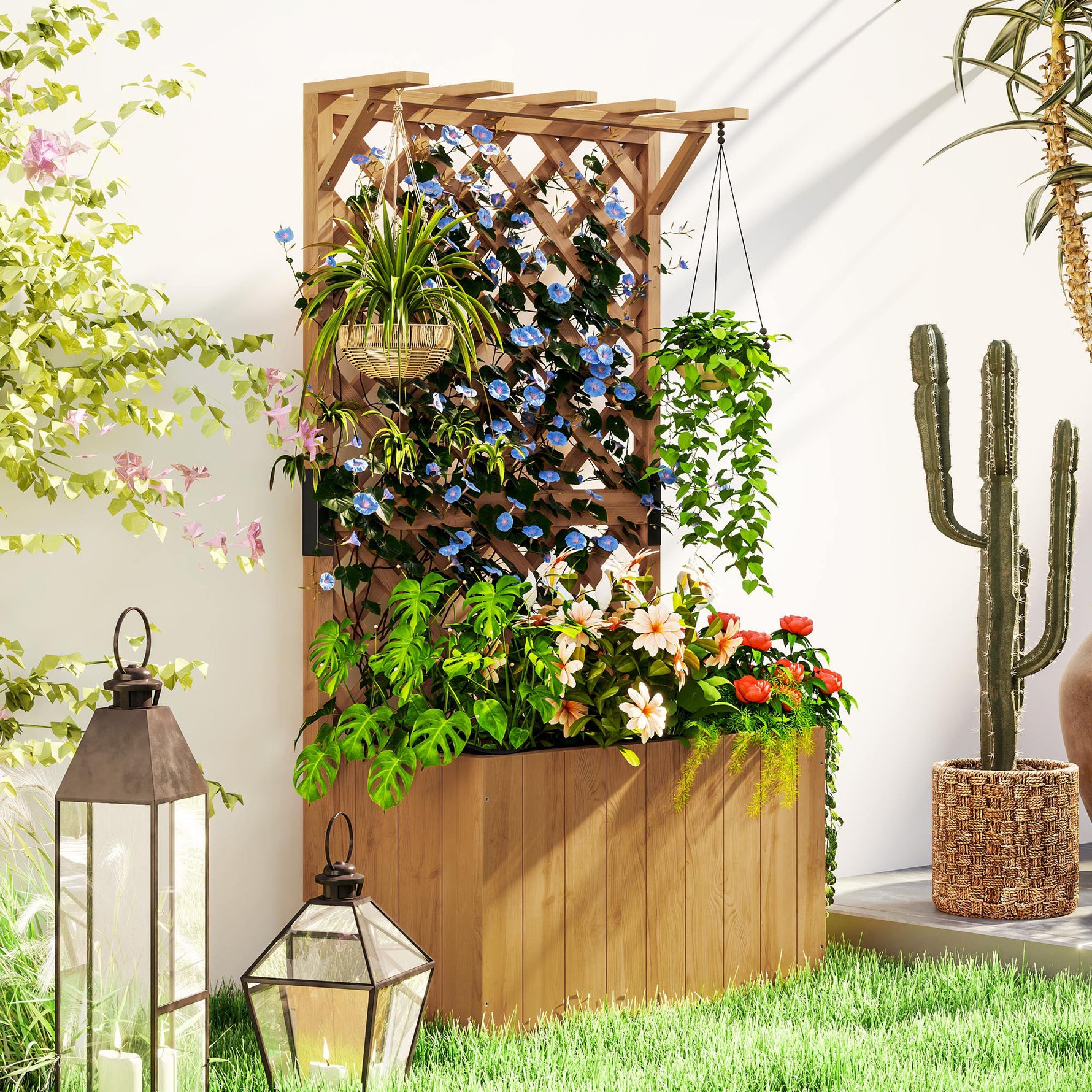 Jardinière avec treillis, bac à fleurs en bois massif avec trous de drainage et doublure, 64 x 33 x 122 cm, bois naturel