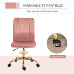 Chaise de bureau fauteuil pivotant 360° ergonomique hauteur réglable revêtement velours  rose et doré