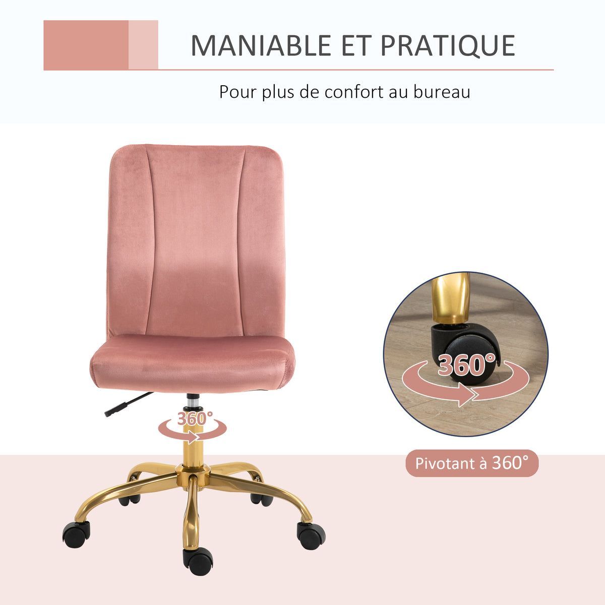 Chaise de bureau fauteuil pivotant 360° ergonomique hauteur réglable revêtement velours  rose et doré