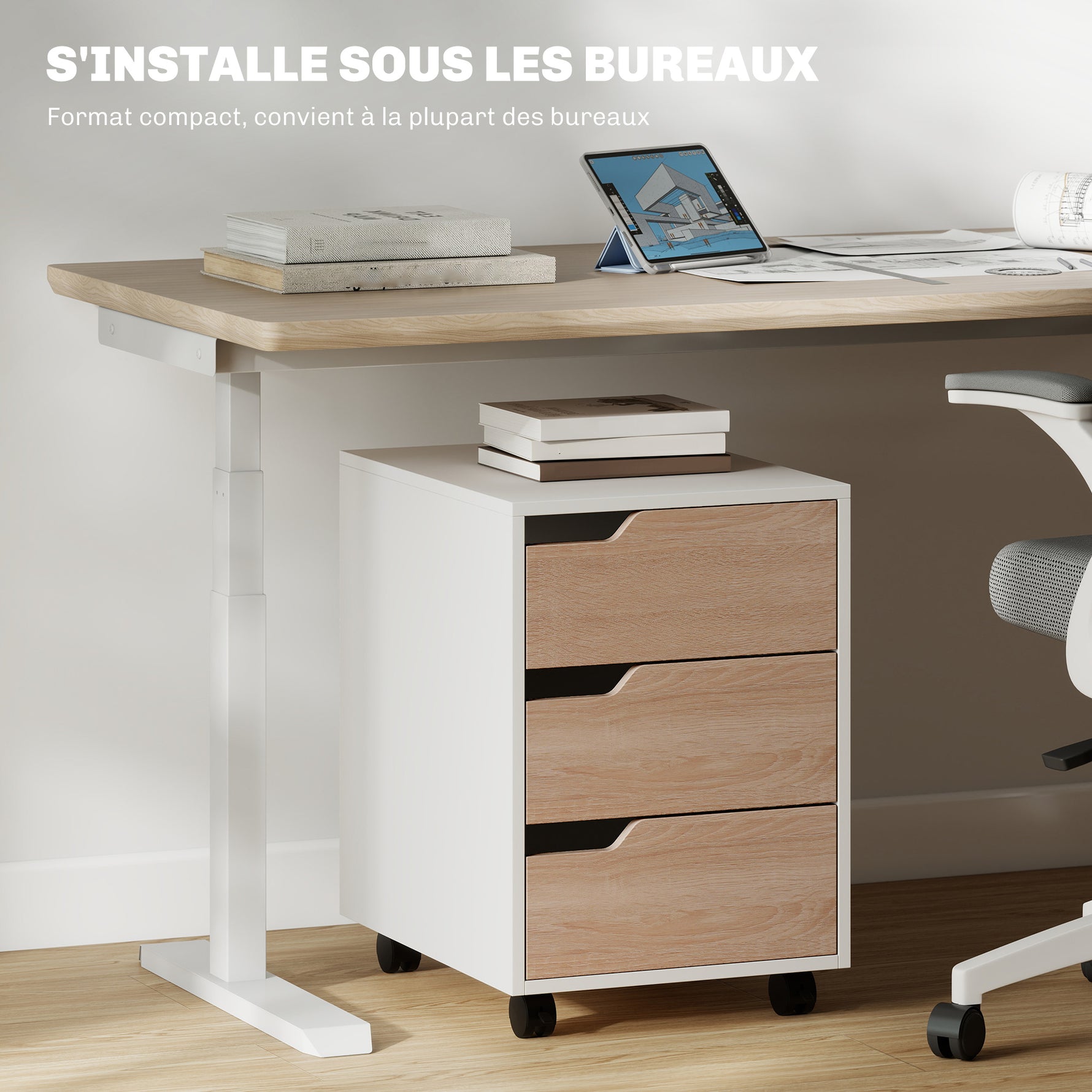 Caisson bureau mobile, meuble rangement bureau sur roulettes, 3 tiroirs, 40x50x57,5cm, blanc et chêne