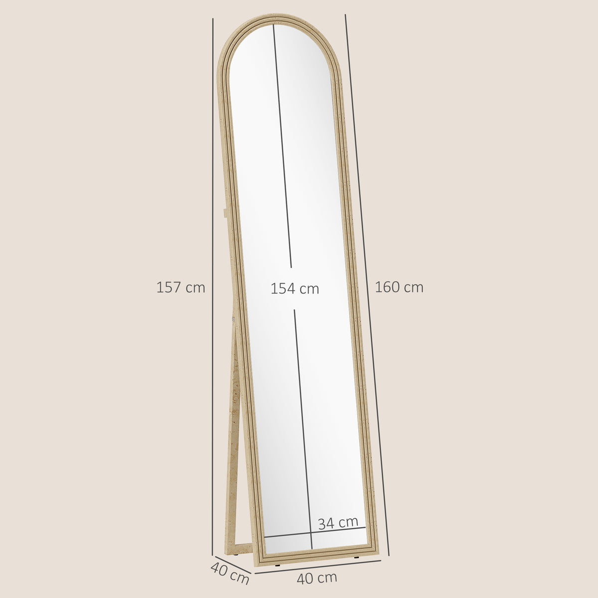 Miroir de sol arqué pleine longueur miroir sur pied cadre en effet imitation pierre pour salon chambre 40 x 160 cm beige