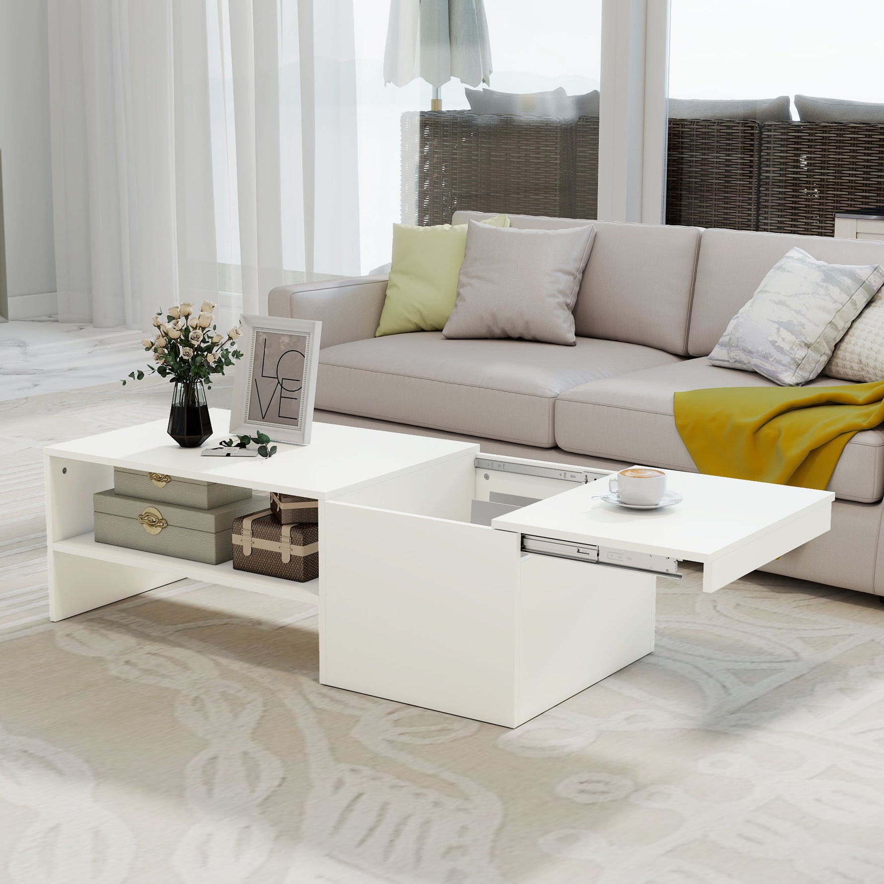 Table basse rectangulaire, table d'appoint plateau coulissant, rangement caché, étagère ouverte, 110 x 52 x 36 cm, blanc