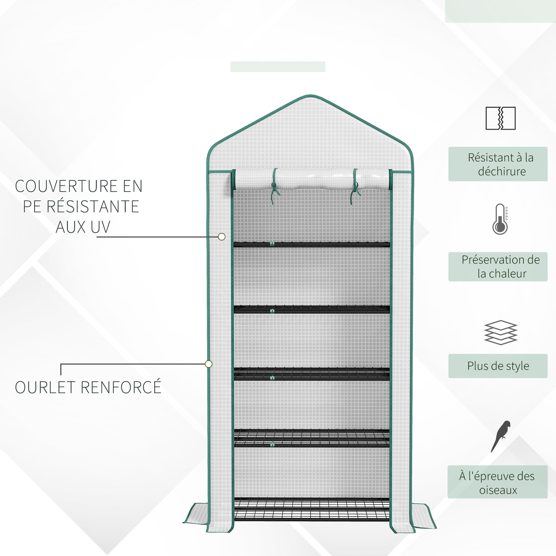 Serre de jardin Serre 5 niveaux avec 1 porte enroulable, Bâche en PE Renforcée Résistante dim. 90L x 49l x 193H cm