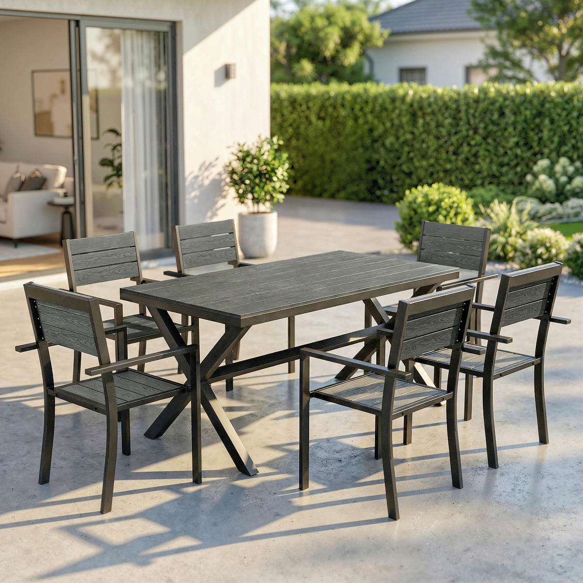 Ensemble de Salle à Manger Extérieur 7 Pièces pour 6 Personnes, Table et Chaises Empilables avec Lattes Effet Bois, Cadre en Aluminium, Gris