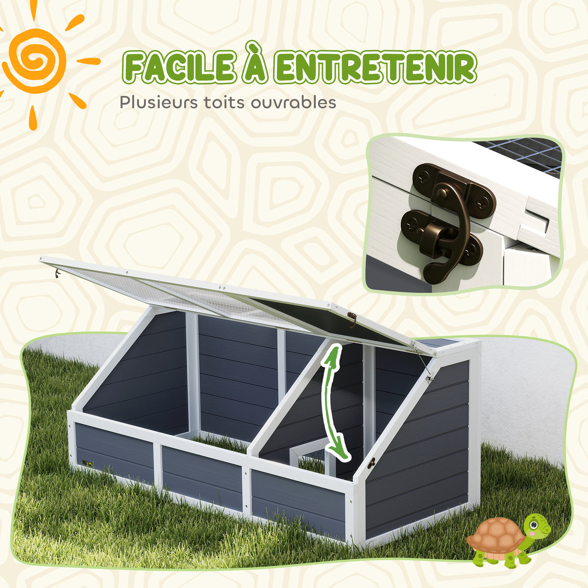 Maison enclos cage pour petit animal tortue en bois avec couvercle ouvrable, loquets, 2 espaces distincts, gris