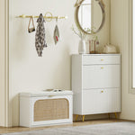 Banc à chaussures, banc de rangement, assise rembourrée, tiroir rabattable, porte en rotin, 80 x 26 x 47,5 cm, blanc