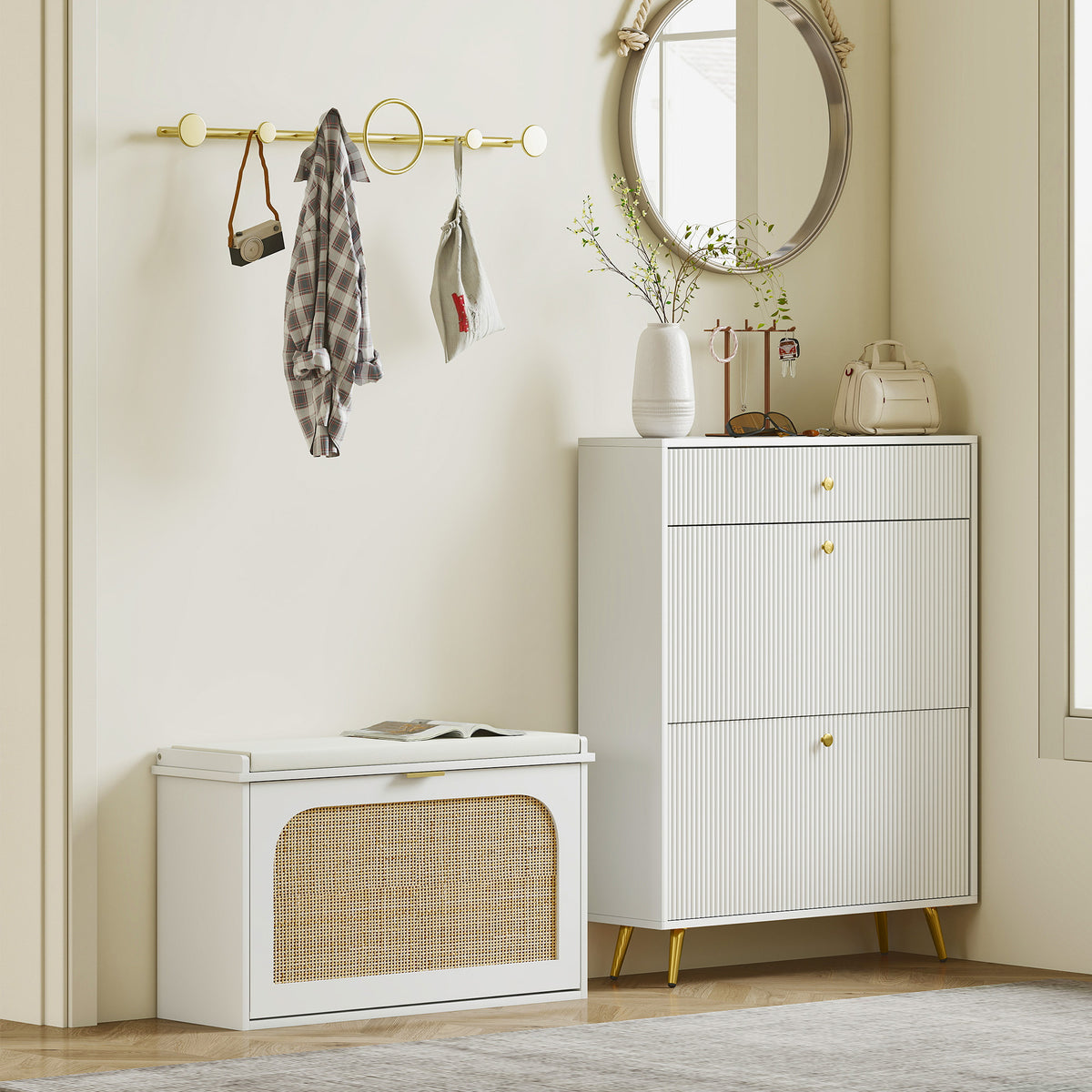 Banc à chaussures, banc de rangement, assise rembourrée, tiroir rabattable, porte en rotin, 80 x 26 x 47,5 cm, blanc